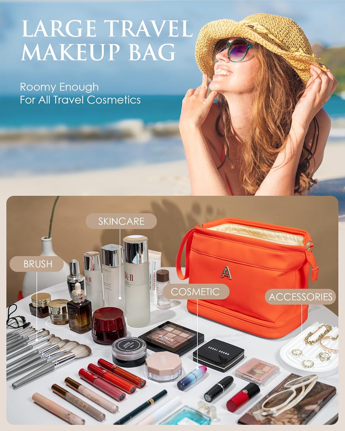 Travel Essentials for Friends Female Mom, Personalized Makeup Bag, Double Layer Cosmetic Bag with Makeup Brush Organizer, Waterproof, Large Capacity PU Leather Toiletry Bag Customized Gifts