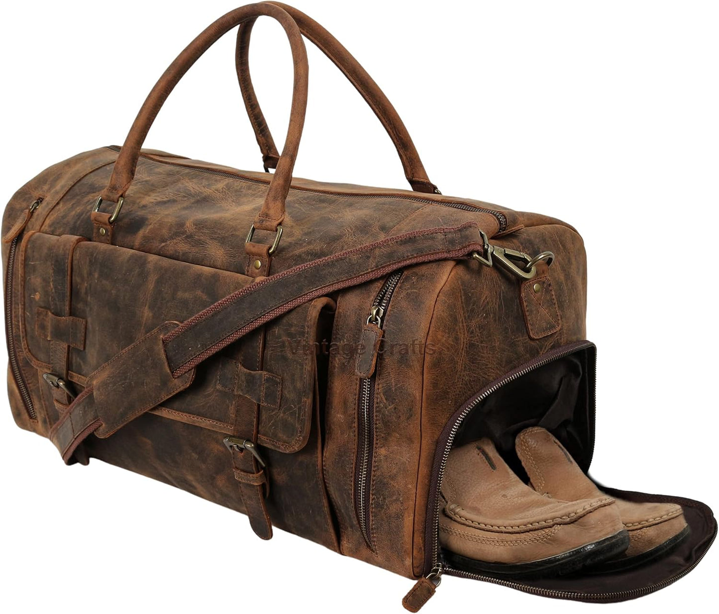 22 Inch Genuine Leather Full Grain Duffel Bag | Overnight Travel Weekend Sports Gym Traveling | Carryon Durable Cabin With Shoe Compartment For Men and Women