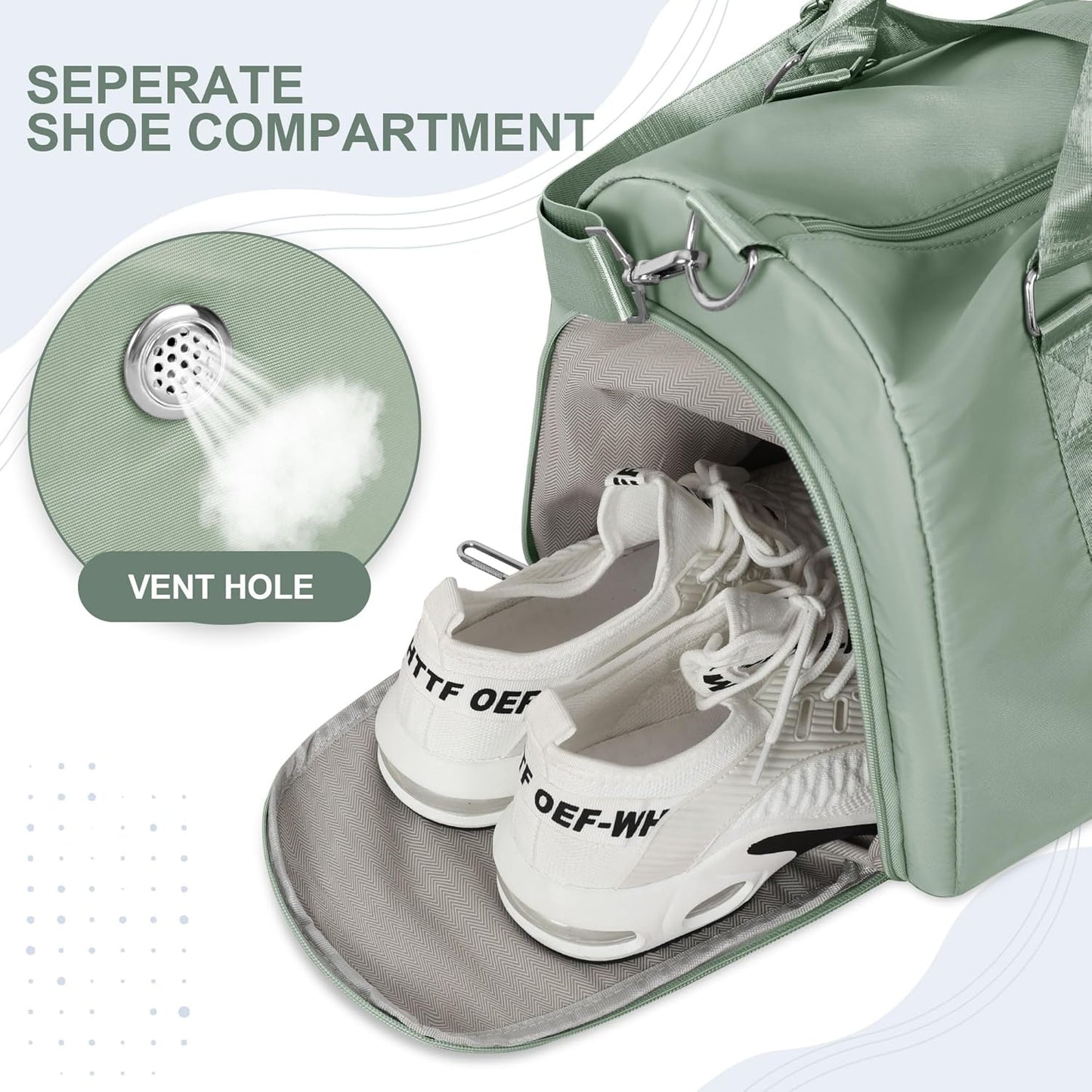 FIORETTO Womens Gym Tote Duffle Bag with Toiletry Bag, Sports Duffel Overnight Hospital Workout Carry on for Girls with Wet Pocket & Shoe Compartment, Ideal for Travel, Swimming, Celadon