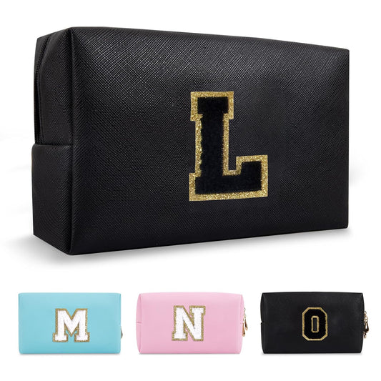 Personalized Initial A-Z Preppy Patch Makeup Bag,Small PU Chenille Letter Cosmetic Bag with Zipper for Teen Girls,Black Cute Toiletry Organizer Bag,Monogram Makeup Case Gift for Women Girls,Letter L
