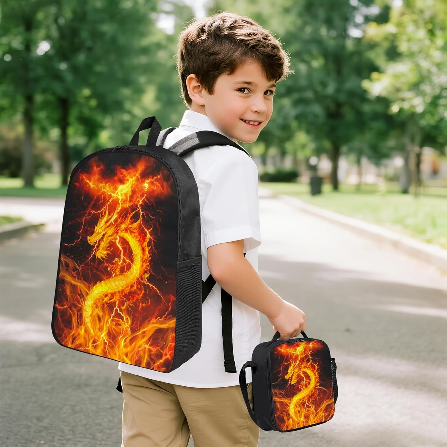 Dragon Kid Backpack Set with Lunch Bag & Pencil Case Large Capacity School Bag 17 Inch Bookbag for Boy Girl
