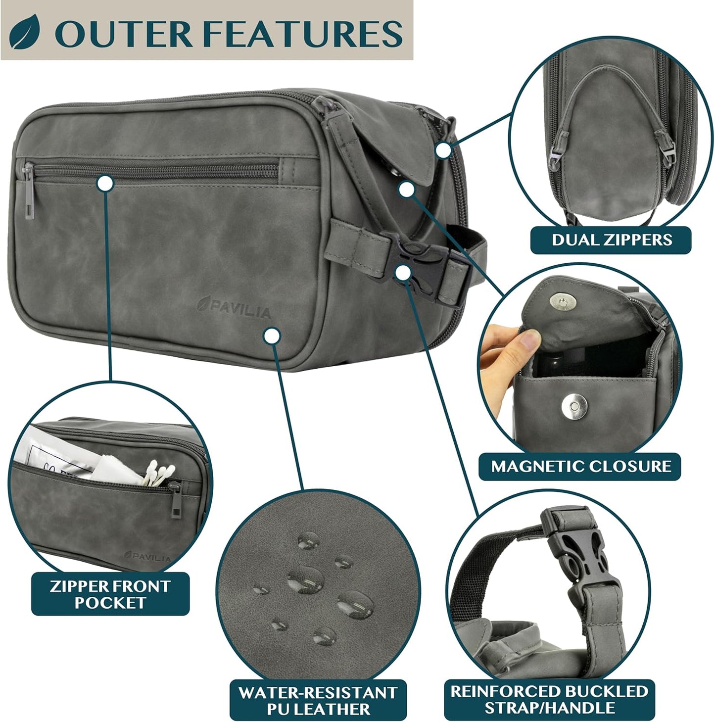 PAVILIA Toiletry Bag for Men, Travel Essentials Shaving Dopp Kit, Mens Travel Bag Toiletries Organizer Case for Grooming, PU Leather Water Resistant Cosmetic Bag Pouch (Dark Grey)