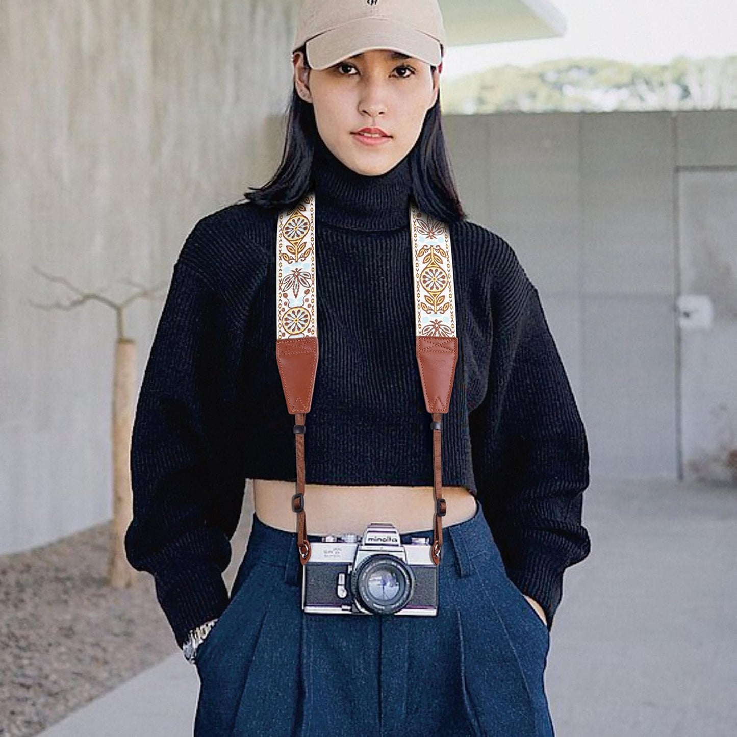 Padwa Lifestyle Camera Strap - 2" Full Grain Leather Ends Camera Straps for Photographers, Vintage Embroidered Cotton Weave Soft Suede Fabric Padded Strap Quick Release fits All Cameras