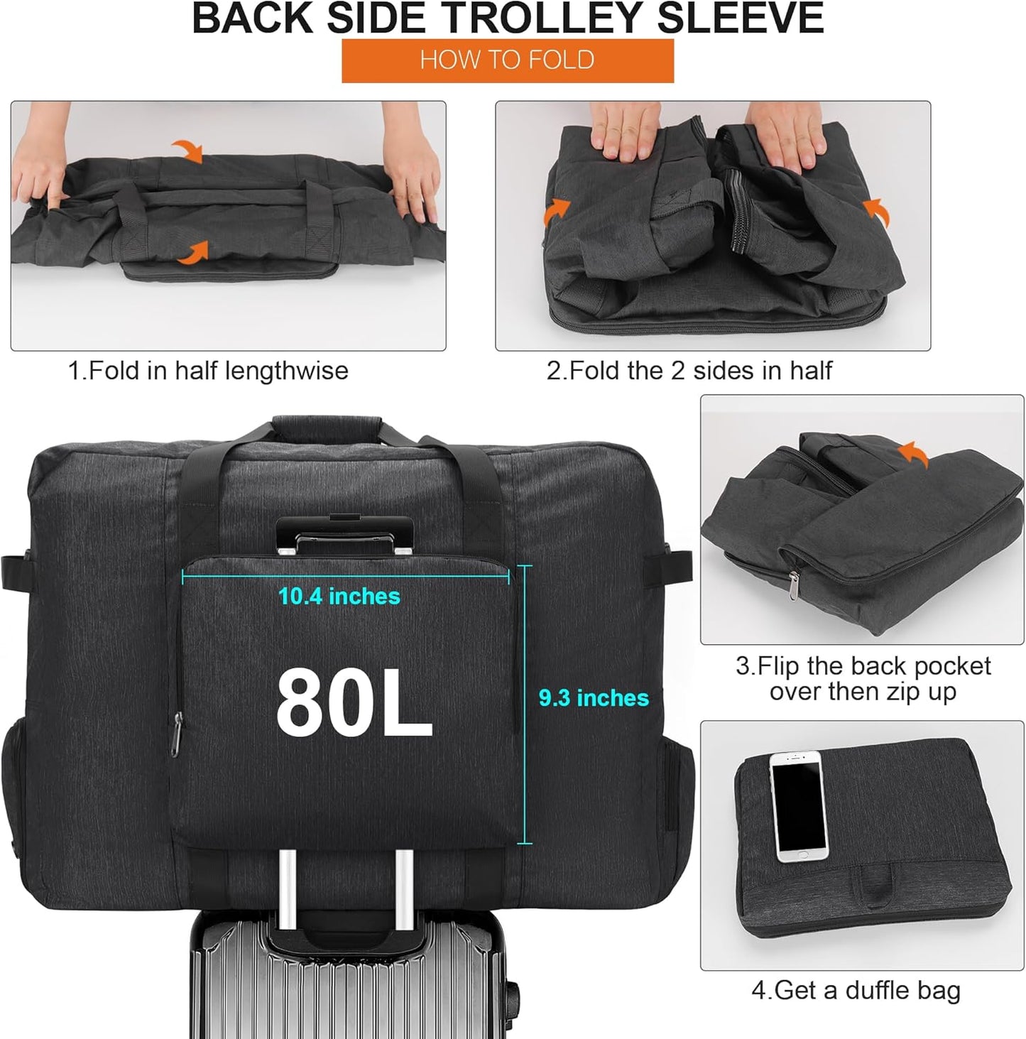 Large Travel Duffle Bag for Men Women, 80L 100L 120L Foldable Waterproof Duffle Bag, Packable Bag with Shoes Compartment for Overnight Gym Weekender Bag (Black, 80L)