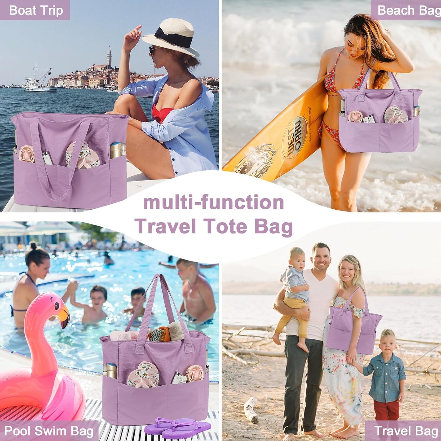 LEDAOU Beach Bag Waterproof Sandproof Women Tote Bag Pool Bag with Zipper for Gym Grocery Travel with Wet Pocket