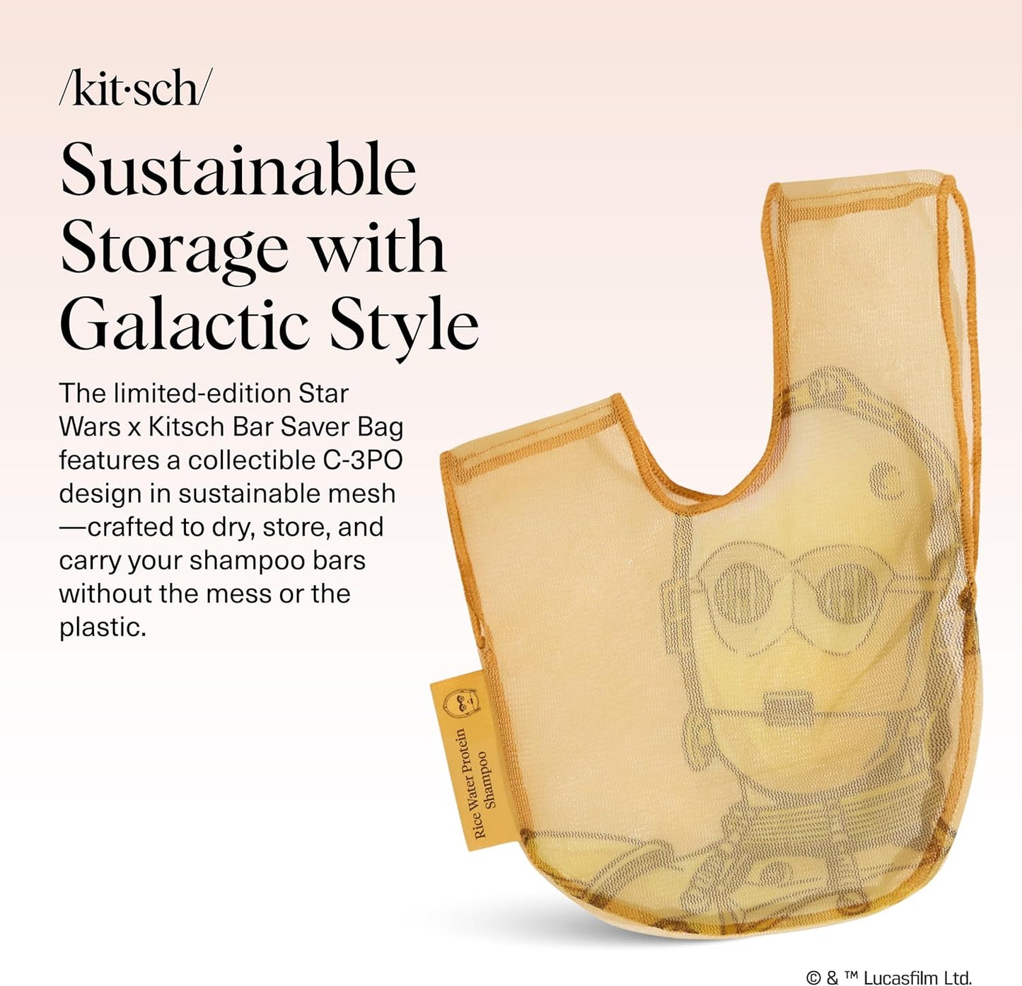 Kitsch x Star Wars C-3PO Soap Saver Bag – Patented Mesh Bag Soap Holder for Shampoo & Conditioner Bars - Extends Use & Prevents Soggy Mess - Recycled Mesh Beauty Pouch, Eco-Friendly