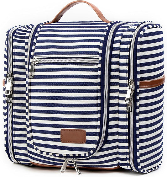 Pearl Angeli Hanging Toiletry Bag for Women, Large Makeup Cosmetic Bag, Water Resistant Toiletries Travel Essentials Organizer, Full-size Container, Navy-striped