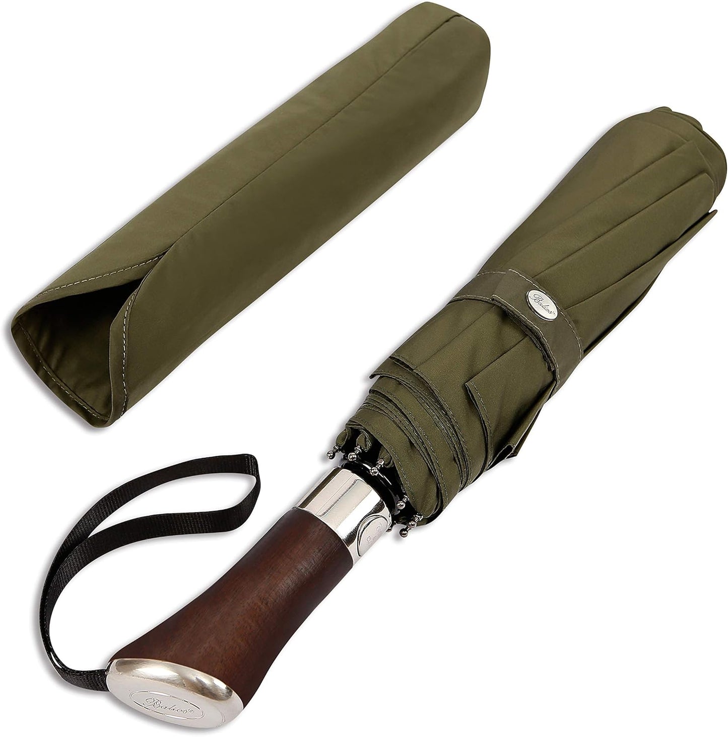 Balios (Designed in UK) Travel Umbrella Luxurious Golden Hardwood Handle Auto Open & Close Windproof Frame Single Canopy Automatic Folding Umbrella Men's & Ladies