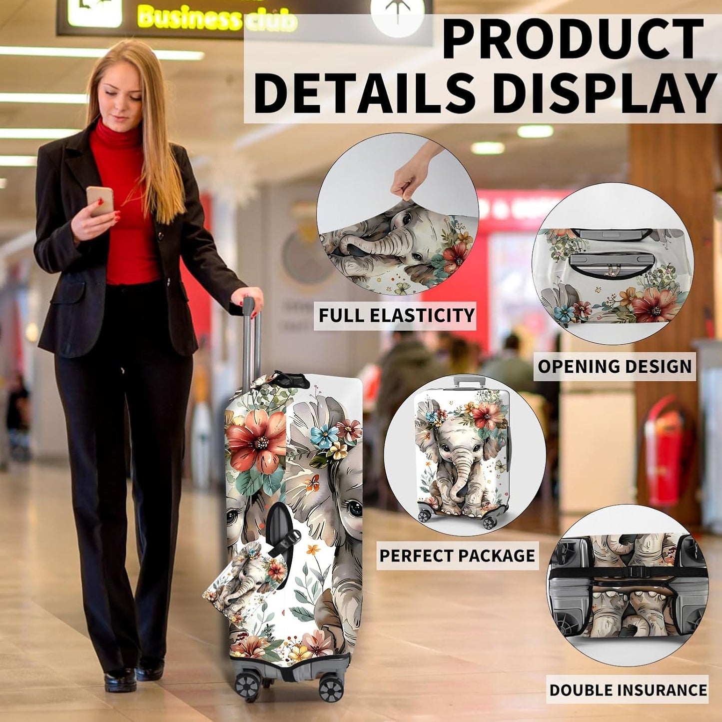 Travel Luggage Cover,Flowers ElephantTheme Suitcase Cover Accessory Kit, Luggage Tag, and Comfortable Luggage Handle Wrap, Washable Luggage Suitcase Protector (25-28 inch,L)