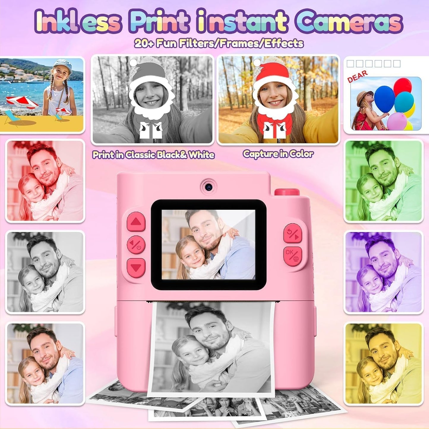 Gift for Girls Kids Camera: Instant Print Dual Lens Digital Camera Toys for Girl 3-12 Birthday Christmas Valentines Gifts for Kid Girls Boys Ages 3 4 5 6 7 8 9 10 with 32G SD Card Storage Bag Pink