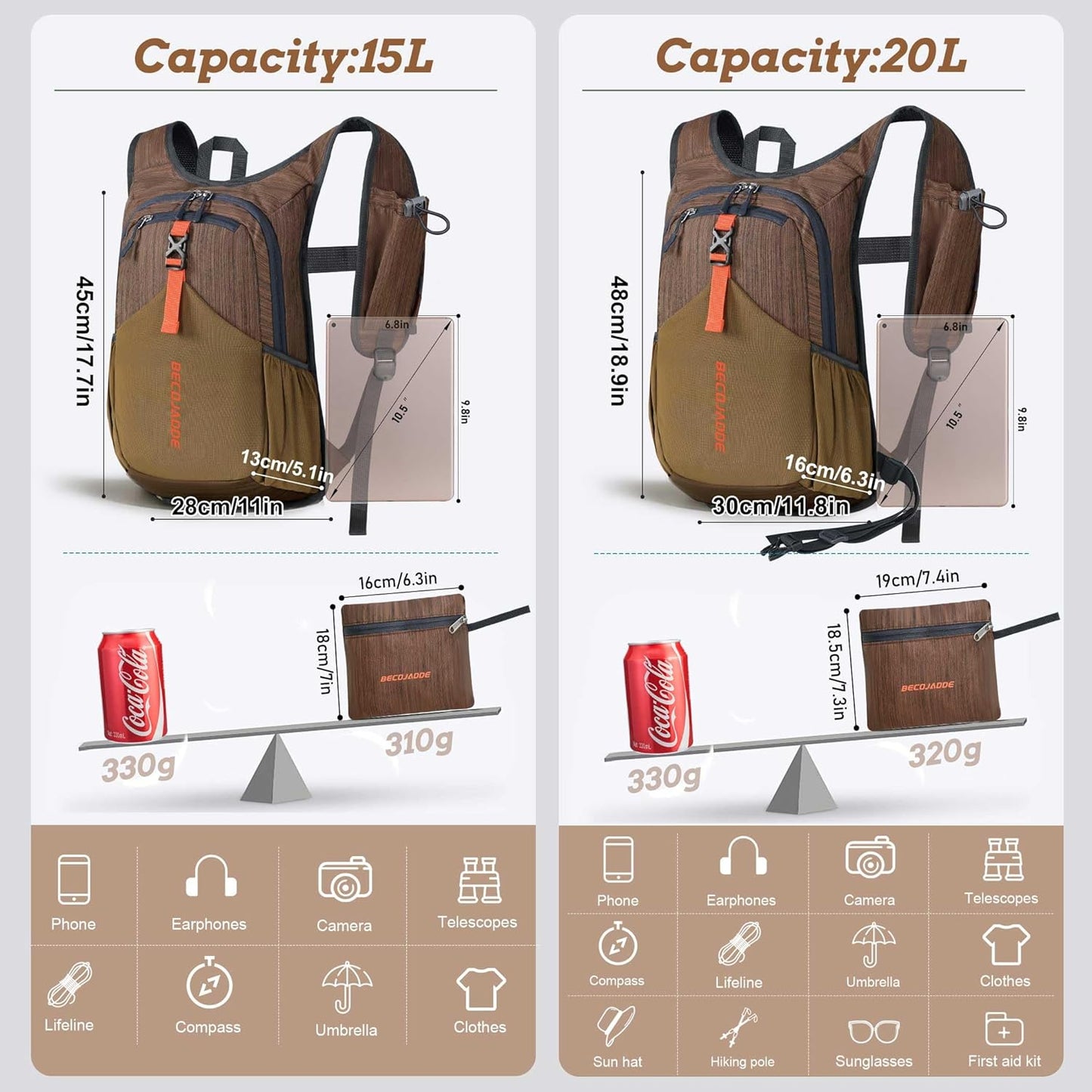 15L Small Hiking Backpack for Men Women Foldable Packable Back Pack Ultralight Hiking Daypack for Travel Camping Outdoor, Chocolate Brown