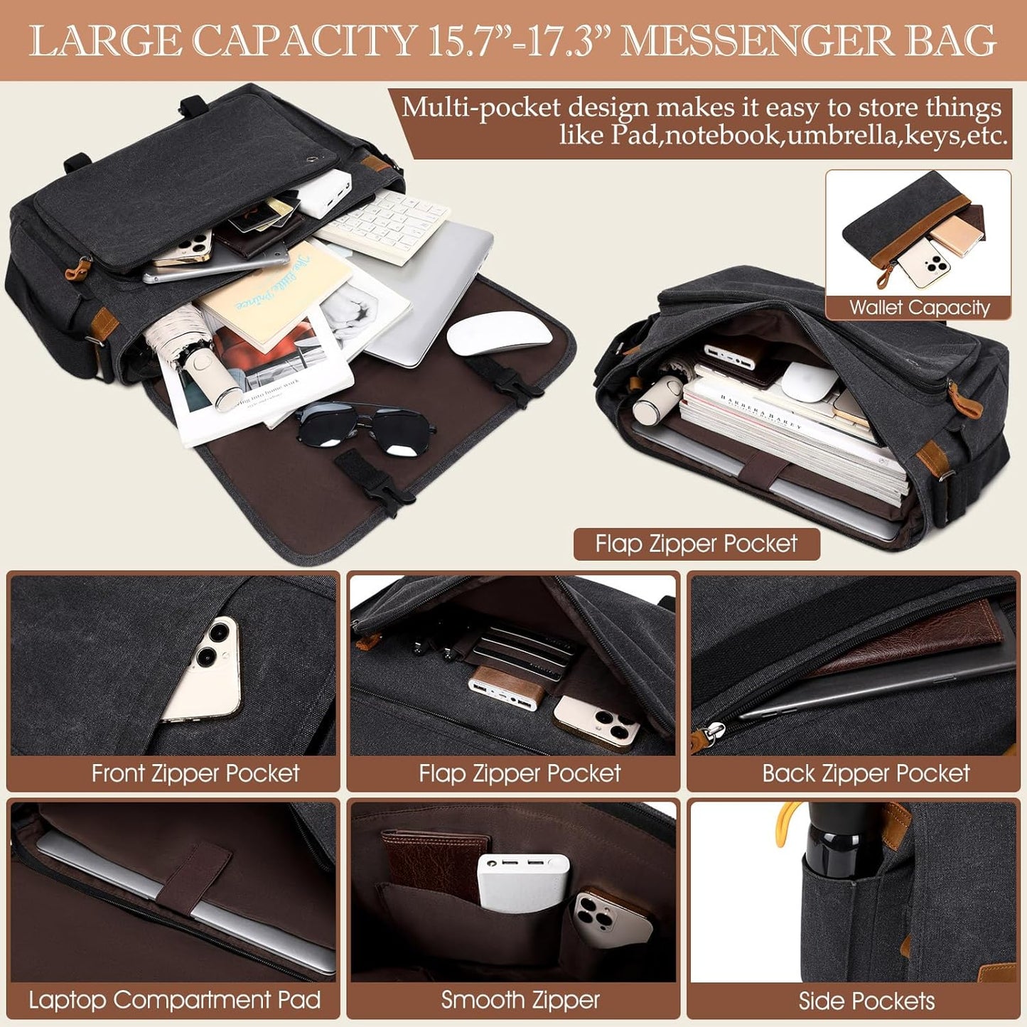 17.3 Inch Messenger Bag for Men: 2PCS Laptop Bag PU Leather Canvas Work Briefcase Large Office