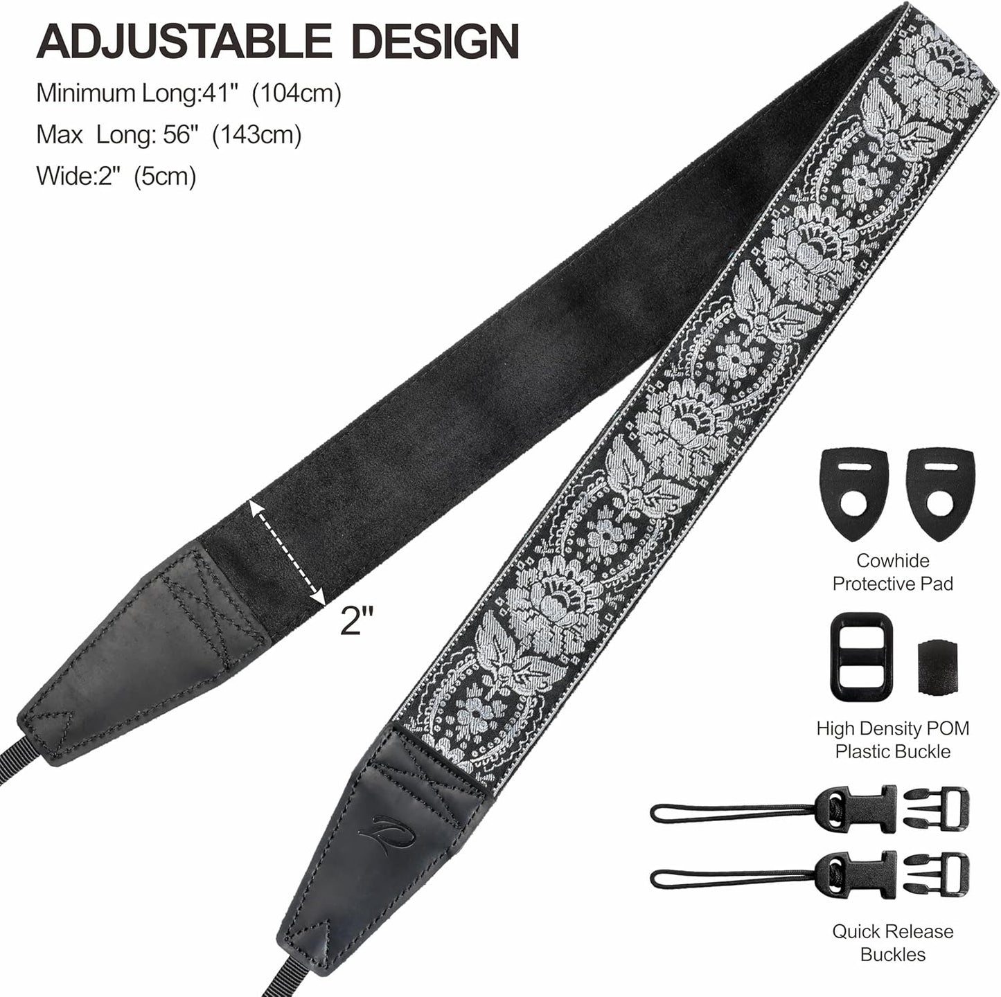 Padwa Lifestyle Gray Flower Camera Strap - 2" Full Grain Leather Ends Camera Straps for Photographers, Vintage Embroidered Cotton Weave Soft Suede Fabric Padded Strap Quick Release fits All Cameras