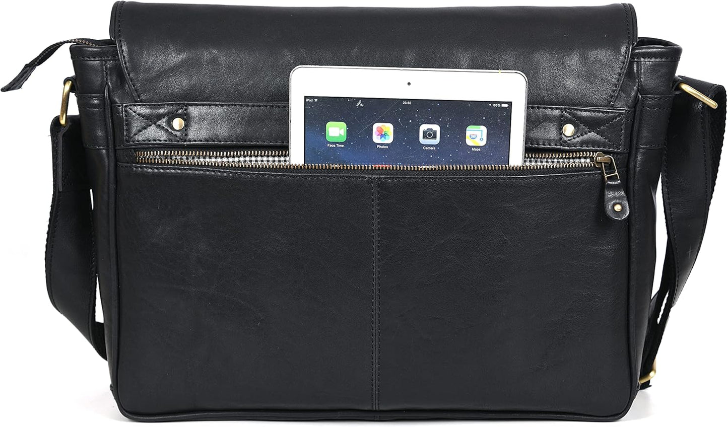 16" Crossbody Bag Leather Laptop Messenger Bag For Men with trolley sleeve for school office (Hickory)