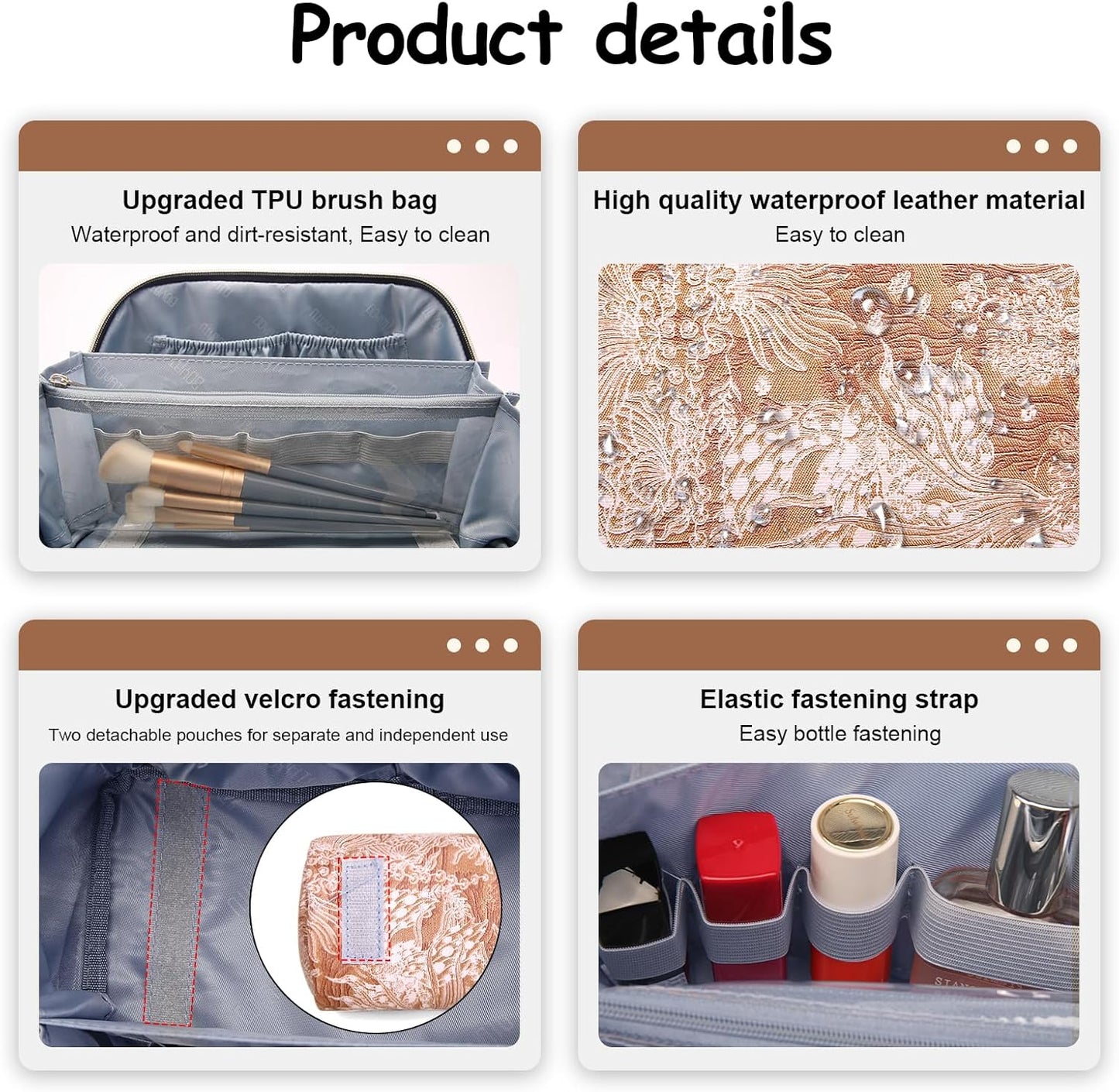 BOYATU Travel Makeup Bag for Women: Large Capacity Make up Bag with Compartments - Vegan Leather Cosmetic Bag set of 3 - Waterproof Toiletry Bag with Handle & Divider(E-5-Orange)