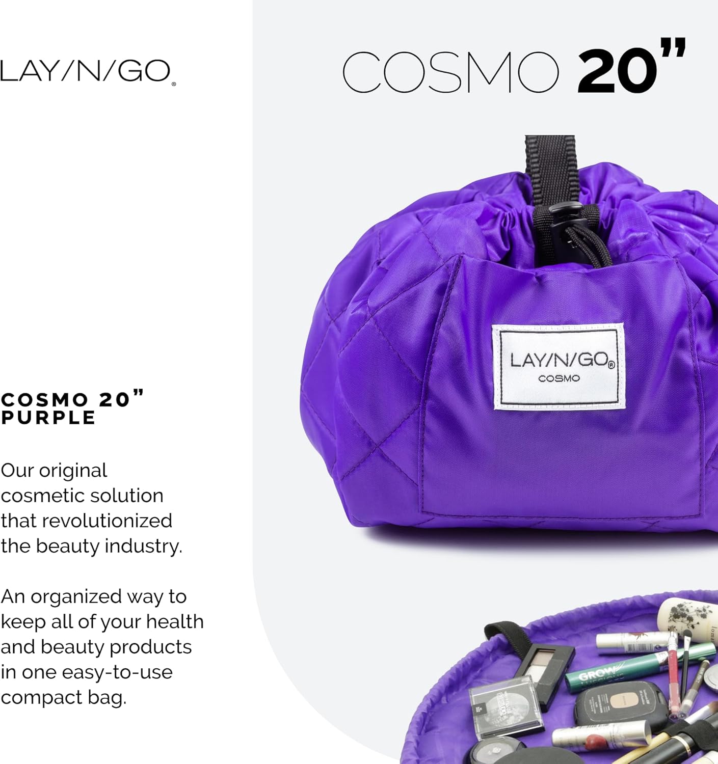 Lay-n-Go Cosmo Layflat Drawstring Cosmetic & Makeup Bag Organizer w/Zipper Pocket, Brush Loops & More, Cinch to Close, Lay Flat to Use, Durable, Machine Wash, Travel Toiletry Bag (20", Purple)