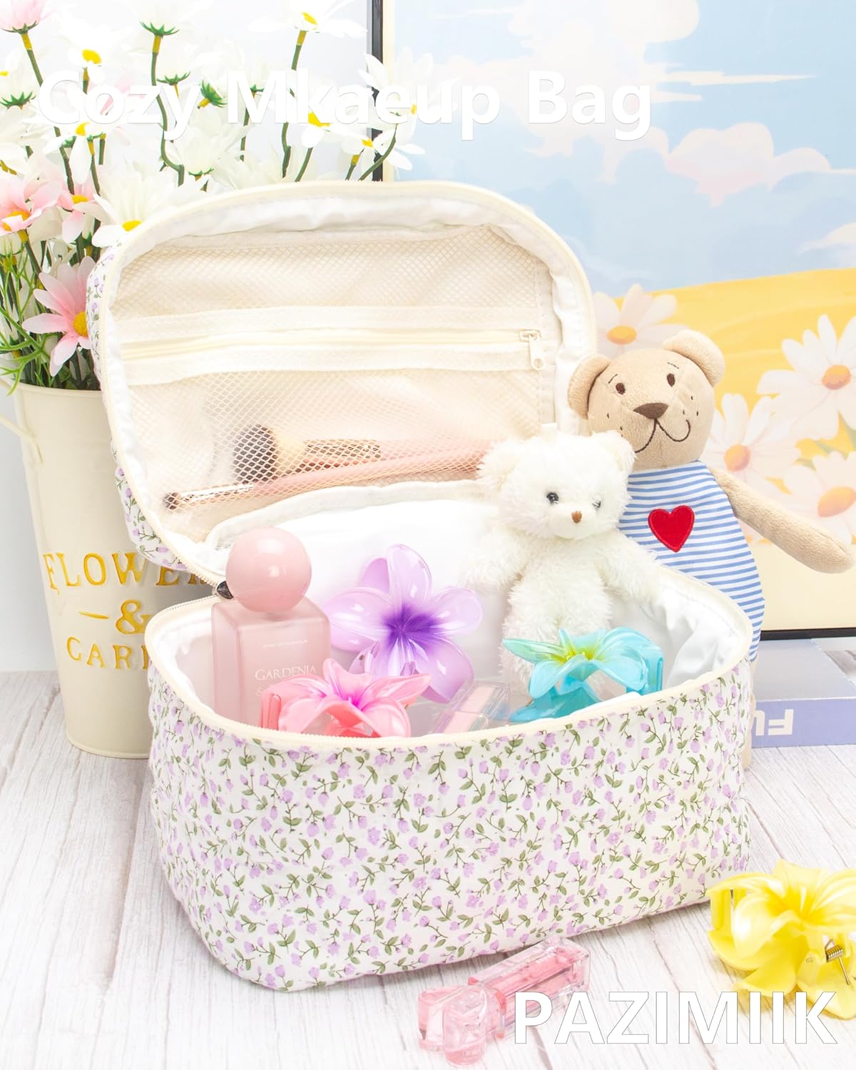 PAZIMIIK Quilted Makeup Bag Large Travel Zipper Soft Cosmetic Case for Women Girls Make Up,Floral Purple