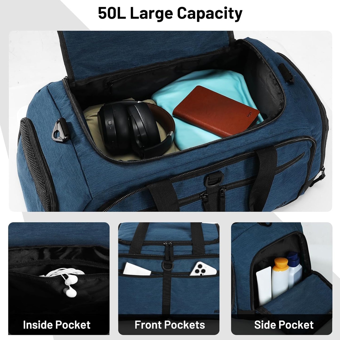 MIER Foldable Duffle Bag with Shoe Compartment 50L Travel Duffel Bags for Men Women Packable Overnight Bag for Camping Gym Weekender, Drak Blue