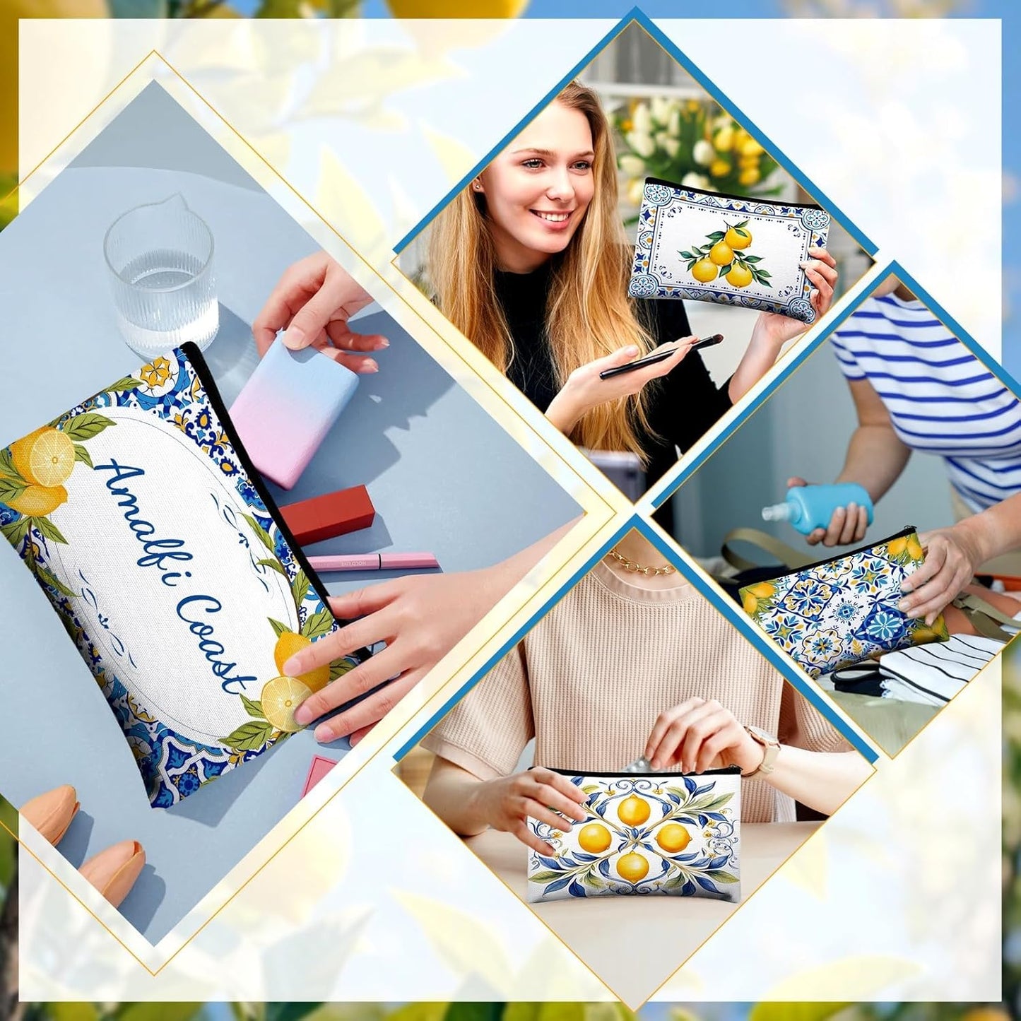 16 Pcs Lemon Cosmetic Bags Bulk for Women Lemon Canvas Makeup Bags Blue Tiles Zipper Pouches Italian Summer Fruit Travel Toiletry Bag Souvenir Gift for Bridesmaids Bachelorette Wedding Supplies