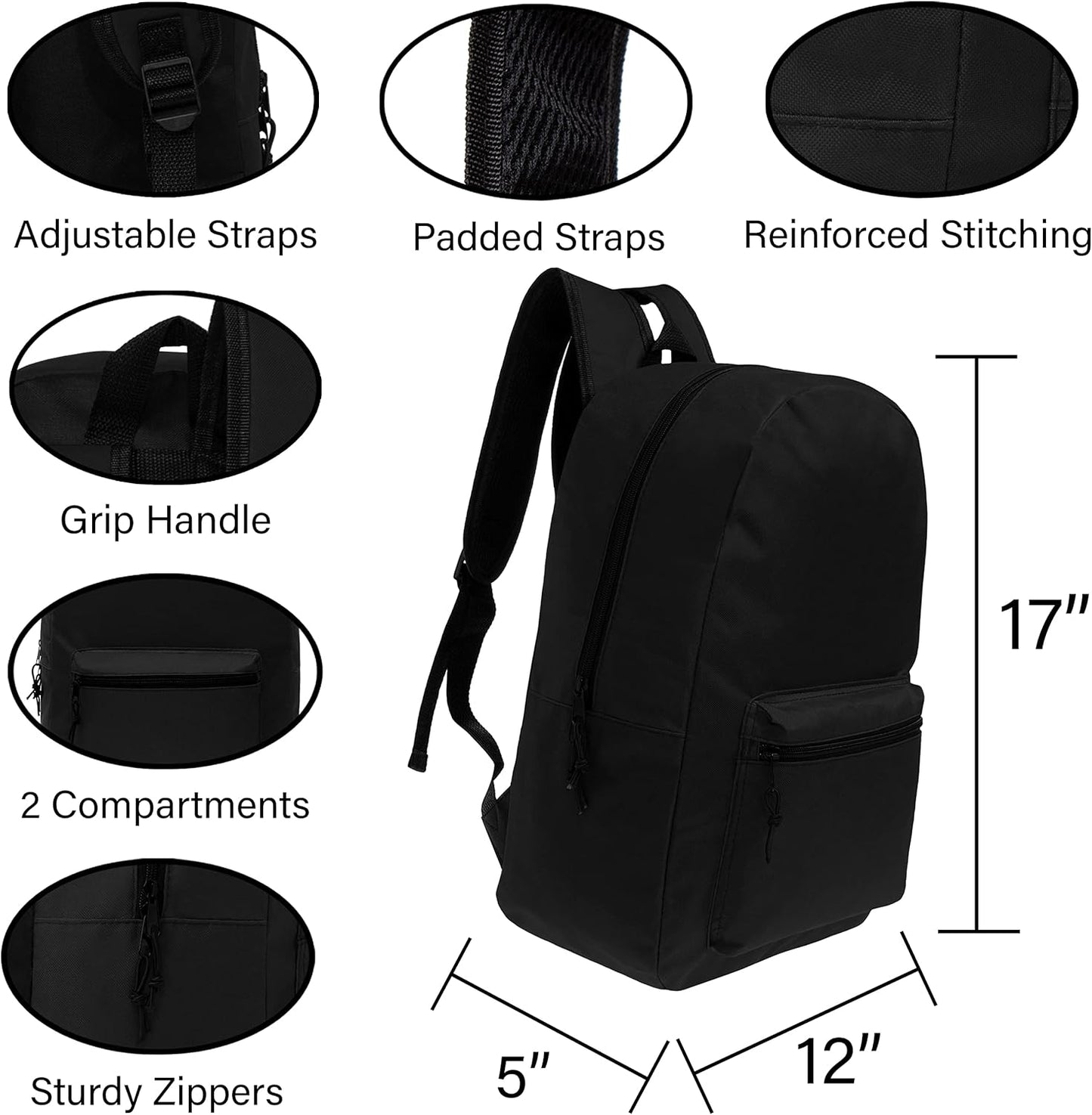 17" School Backpacks for Kids - Backpacks in Bulk for Elementary, Middle, and High School Students in Assorted Colors