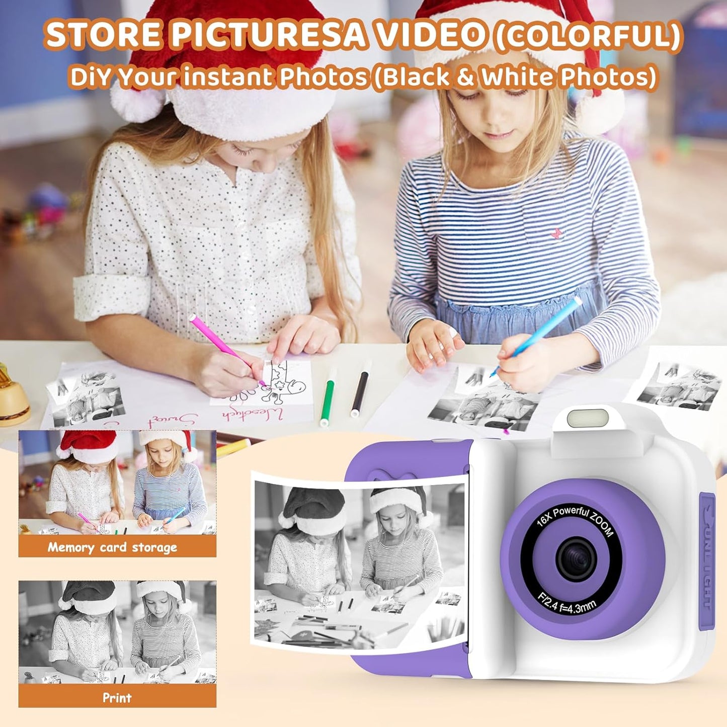 Kids Camera Instant Print, Christmas Birthday Gifts Toys for Girls Boys Age 4 5 6 7 8 9 10 11 12 Years Old,1080P HD Dual-Lens Selfie Digital Camera with 5 Rolls Print Paper Stickers Pens & 32G Card