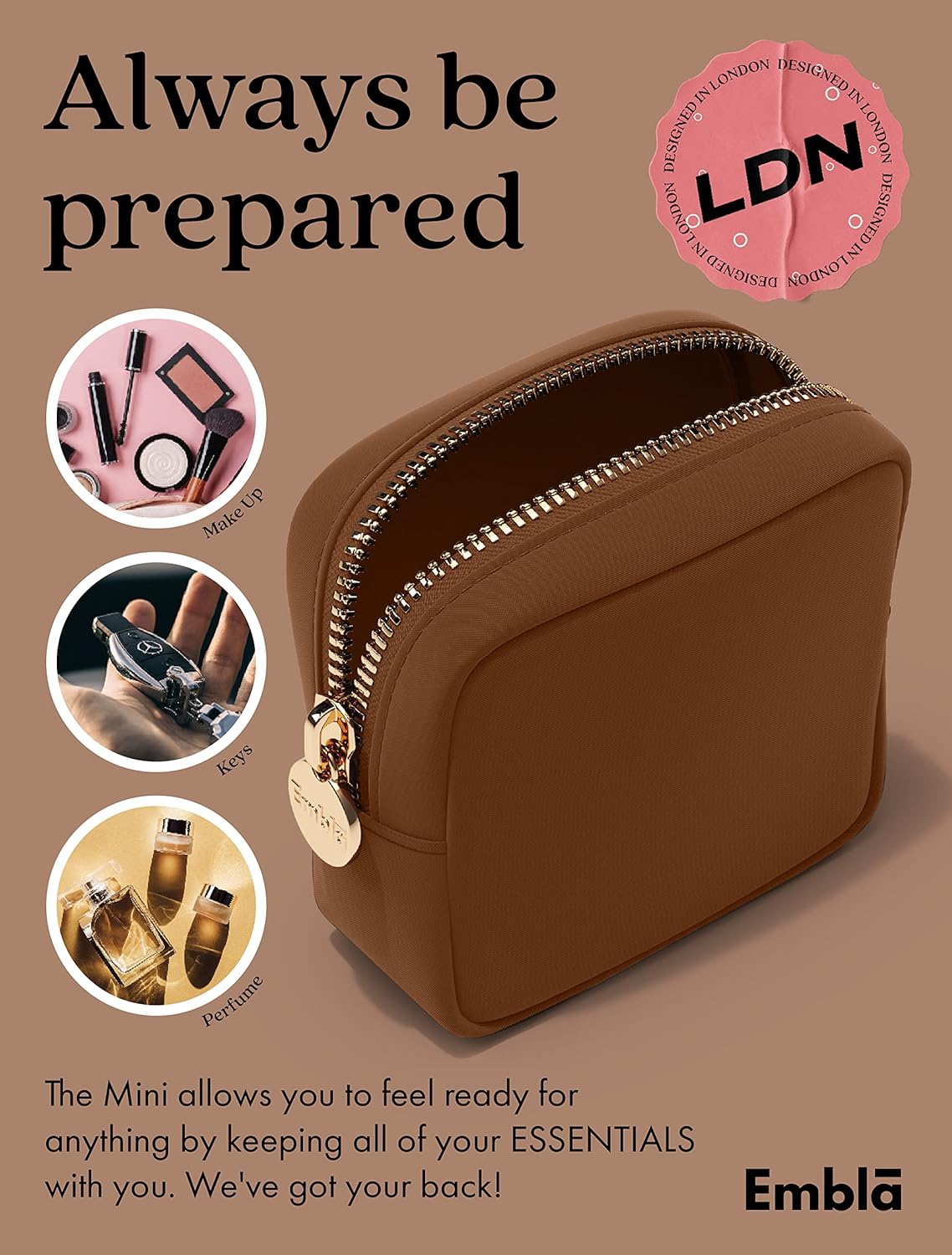 Embla Makeup Bag Travel Cosmetics Pouch and Toiletry Bag, Nylon Zipper Pouch Purse, Cute Make Up Organizer Storage Tote for Women Girls, Waterproof Travel Skincare Case, Small Makeup Bags, Chocolate