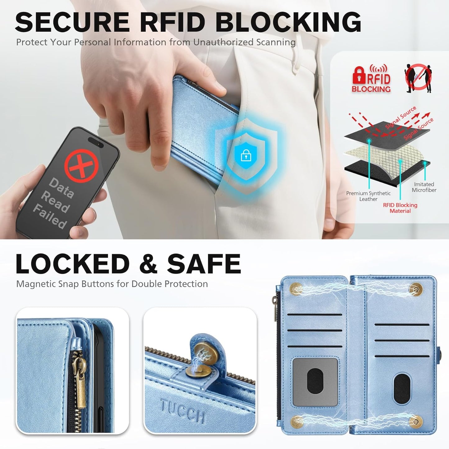 TUCCH Crossbody Detachable Wallet Case for iPhone 17 Pro Max, 10 Card Slots RFID Blocking | Wireless Charging | Wrist Strap Lanyard | Stand | Zipper Pocket | PU Leather Phone Cover | Pearly Light Blue