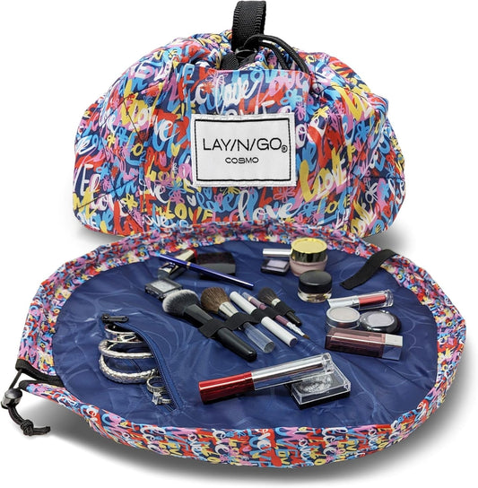 Lay-n-Go Cosmo Layflat Drawstring Cosmetic & Makeup Bag Organizer w/Zipper Pocket, Brush Loops & More, Cinch to Close, Lay Flat to Use, Durable, Machine Wash, Travel Toiletry Bag (20", Love)