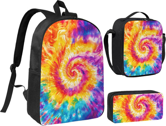 Tie Dye Kid Backpack Set with Lunch Bag & Pencil Case Large Capacity School Bag 17 Inch Bookbag for Boy Girl