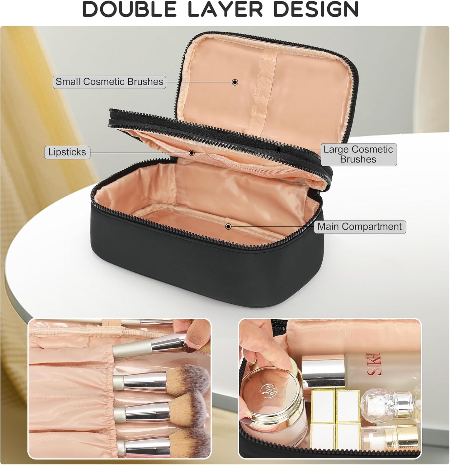 Relavel Makeup Bag Small for Women, Portable Cute Travel Cosmetic Bag, 2-Layers Design with Makeup Brush Compartment for Girls, Preppy Make Up Organizer for Travel Essentials Toiletries, Black