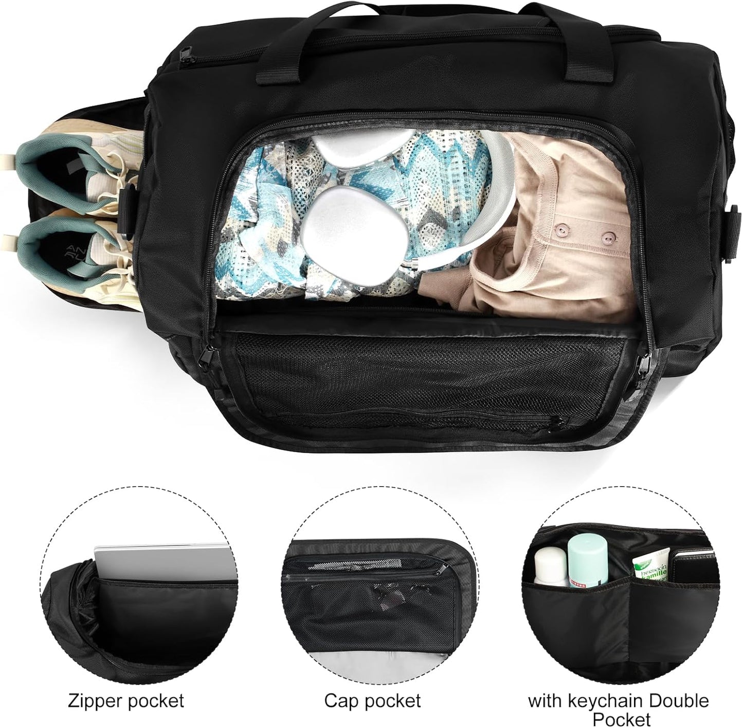 Gym Bag for Men Women With Shoe Compartment & Wet PocketWater Resistant Sports Gym Bag 、shoulder bag、messenger bag Carry On Duffel Bag forWeekend Overnight Traveling (black)
