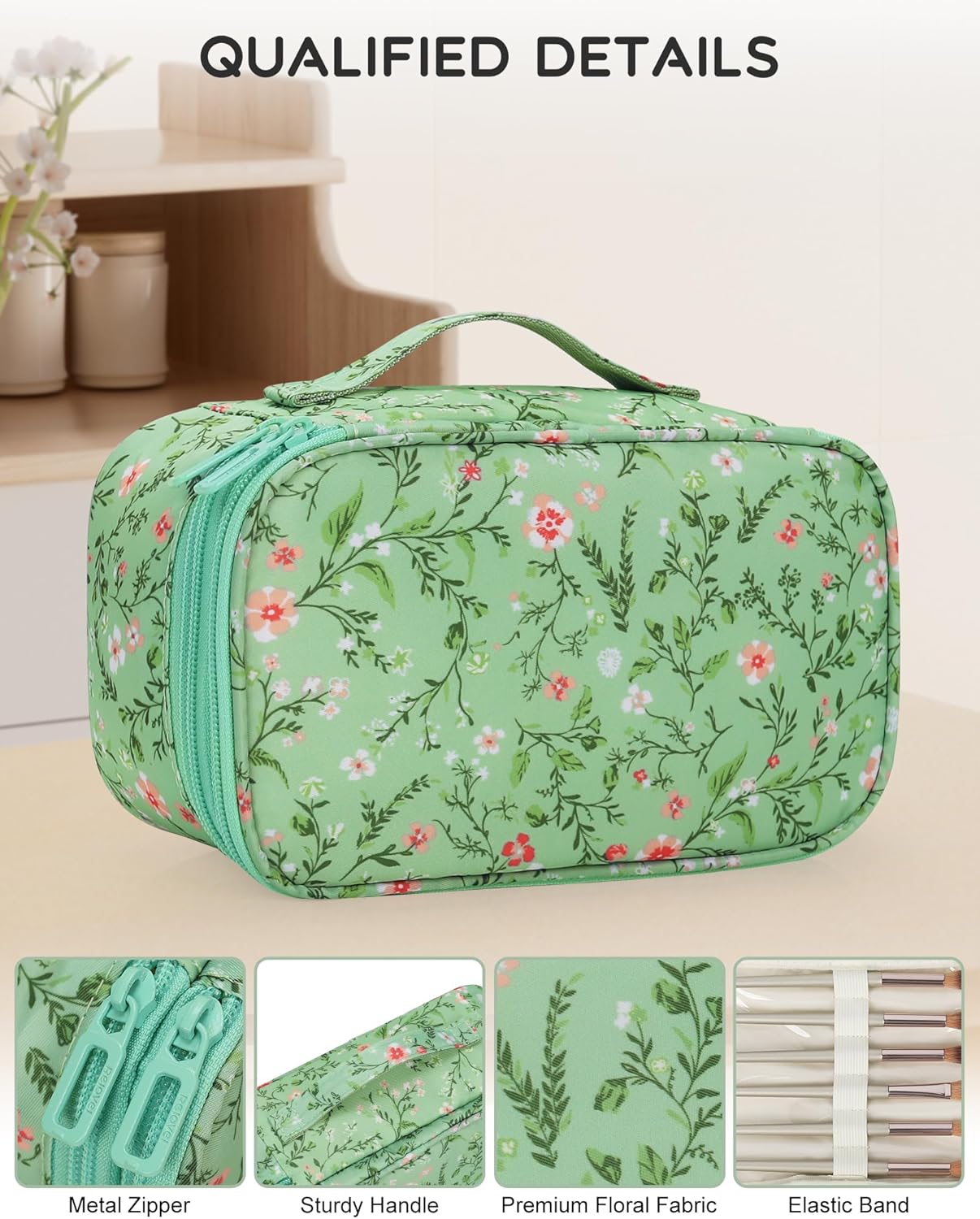 Small Makeup Bag, Travel Floral Cosmetic Bag with Makeup Brush Compartment, Portable Makeup Pouch for Women, Double Layer Makeup Organizer Bag Cute Toiletry Bag, Green Floral