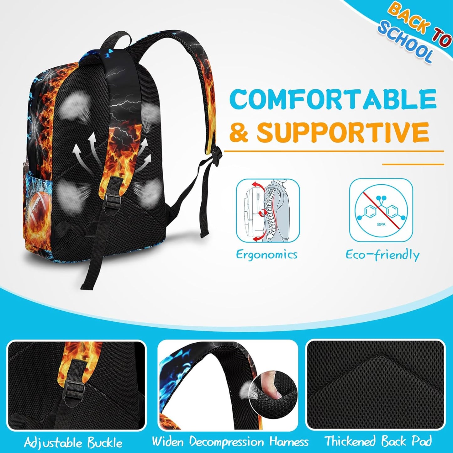 3PCS Football Backpack Set for Boys, Large Lightweight 17 Inch Backpack with Lunch Bag & Pencil Case for Kids, Back to School Cool Sports Bookbag for Elementary Middle School - Fire