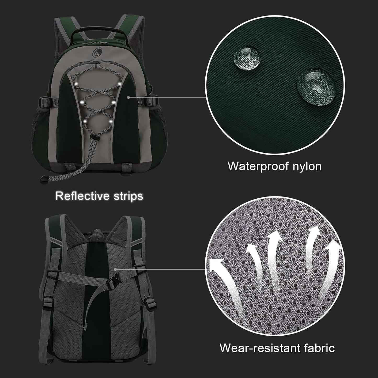 10L Mini Kids Hiking Backpack with Chest Strap for Girls Boys, Small Hiking Daypack with Padded Straps for Men Women, Green