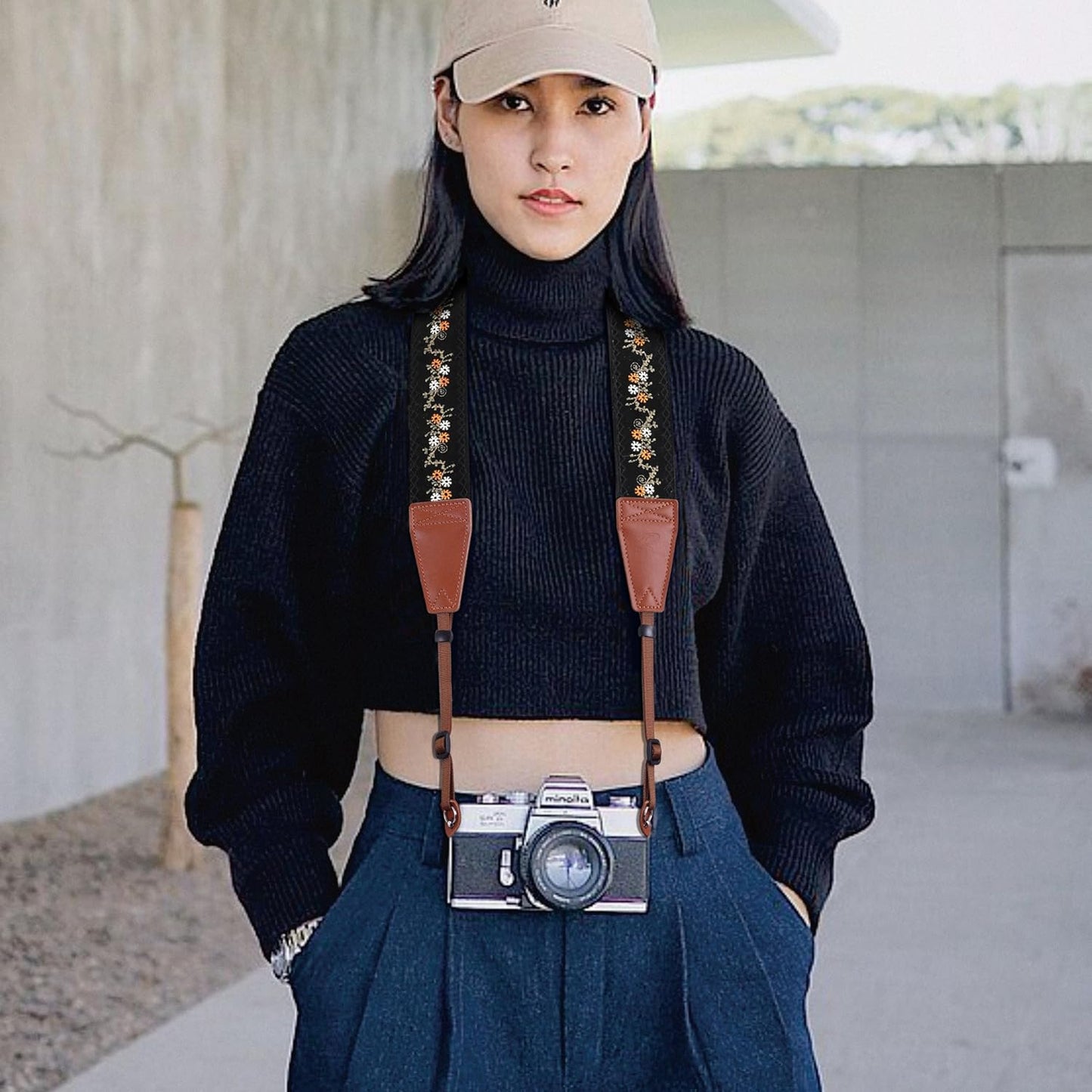 Padwa Lifestyle Camera Strap - 2" Full Grain Leather Ends Camera Straps for Photographers, Vintage Embroidered Cotton Weave Soft Suede Fabric Padded Strap Quick Release fits All Cameras