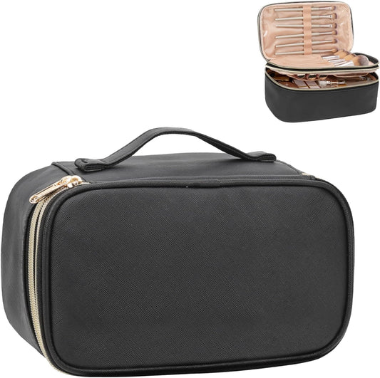 Relavel Small Makeup Bag, Makeup Brush Cosmetic Organizer, Portable 2 Layer Travel Makeup Organizer, Cosmetic Bag for Women, Handbag Purse Pouch, Compact Capacity for Daily Use (Black)