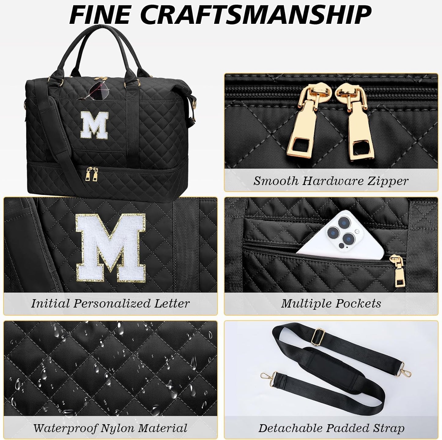 Gifts for Teens Girls Women Initial Travel Duffle Bag Quilted Weekender Carry-On Overnight with Cosmetic Bag, Gym Bag with Shoe Compartment, Black M