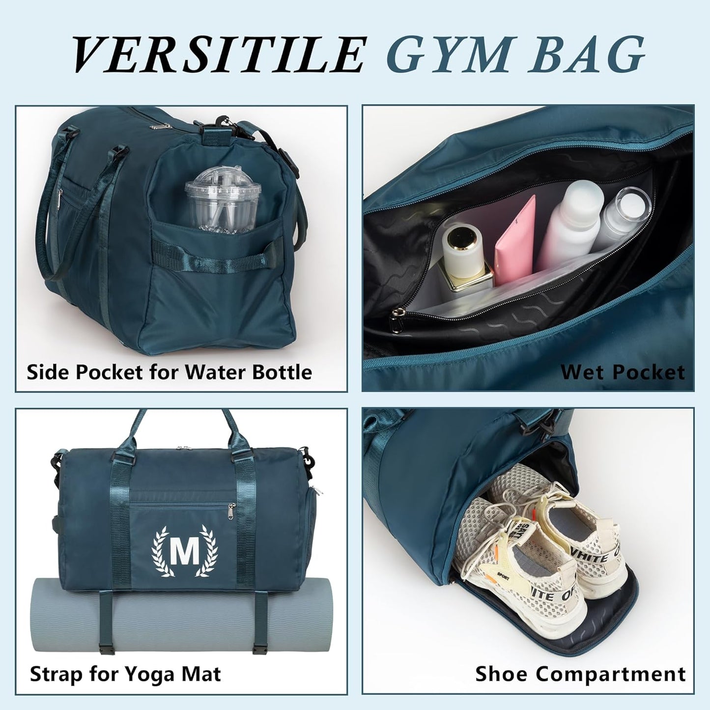 Gym Bag for Women, Personalized Duffle Bag with Shoe Compartment, Sports Bag for Yoga & Dance with Wet Pocket and Mat Strap.