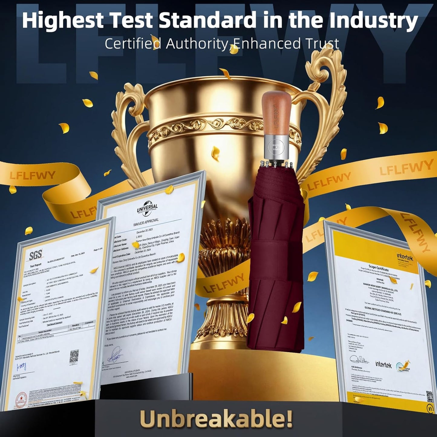 Umbrella Strong Windproof, Triple-Layer Canopy, 10 Fiberglass Ribs, Auto Open/Close, Wooden Handle, Sleeve with Anti-Loss Hook, Umbrellas for Travel & Commute & Daily Use & Gift