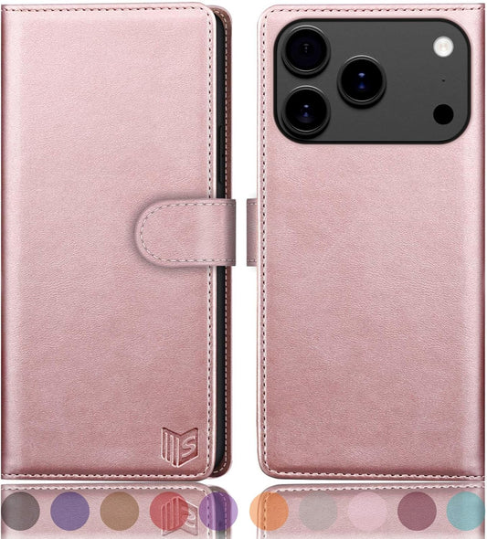 SUANPOT Compatible with iPhone 17 Pro Max 6.9" Wallet case with RFID Blocking Credit Card Holder,Flip Book PU Leather Protective Cover Women Men for Apple 17 Pro Max Phone case Rose Gold