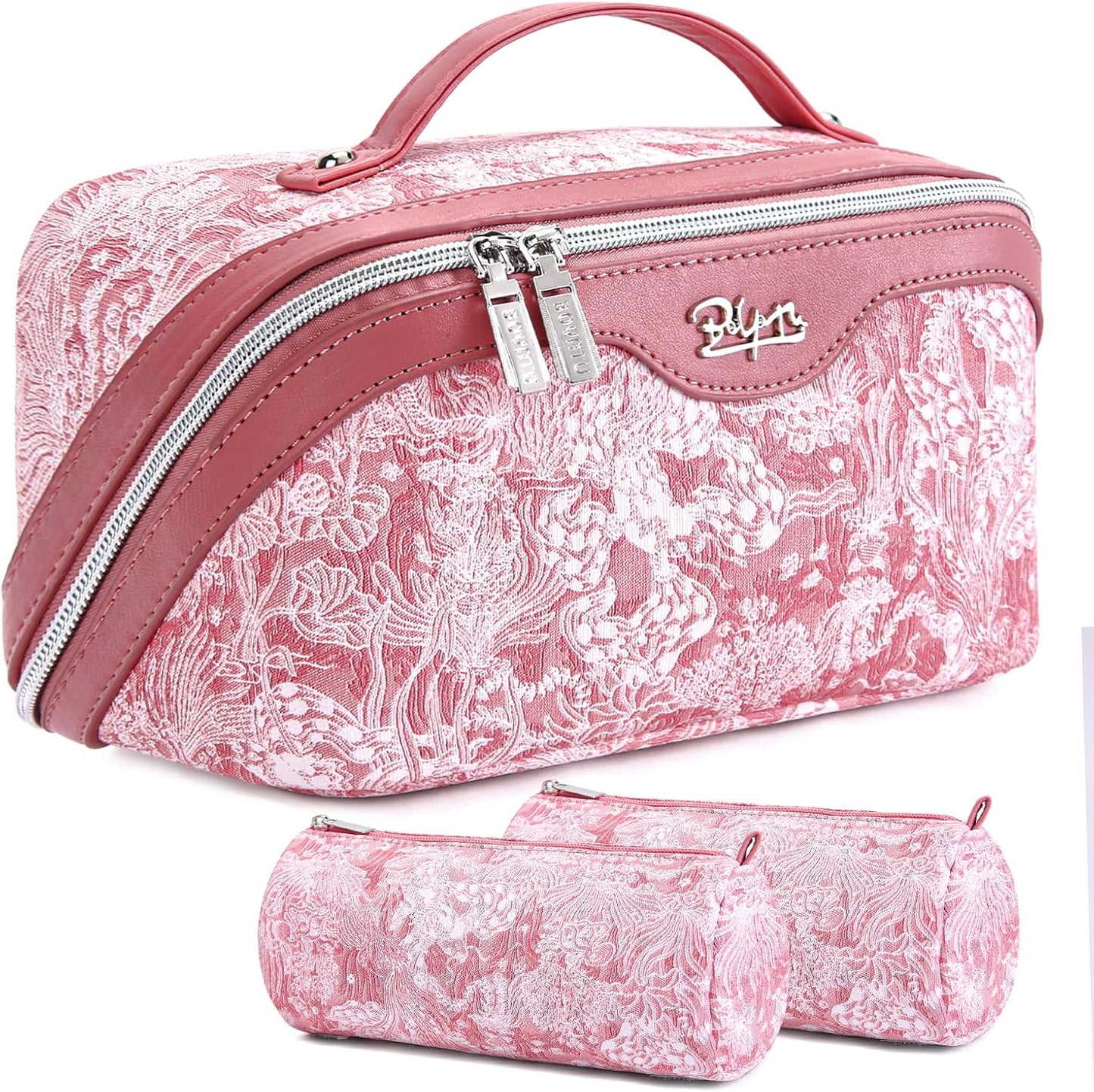 BOYATU Travel Makeup Bag for Women: Large Capacity Make up Bag with Compartments - Vegan Leather Cosmetic Bag set of 3 - Waterproof Toiletry Bag with Handle & Divider(E-4-Pink)