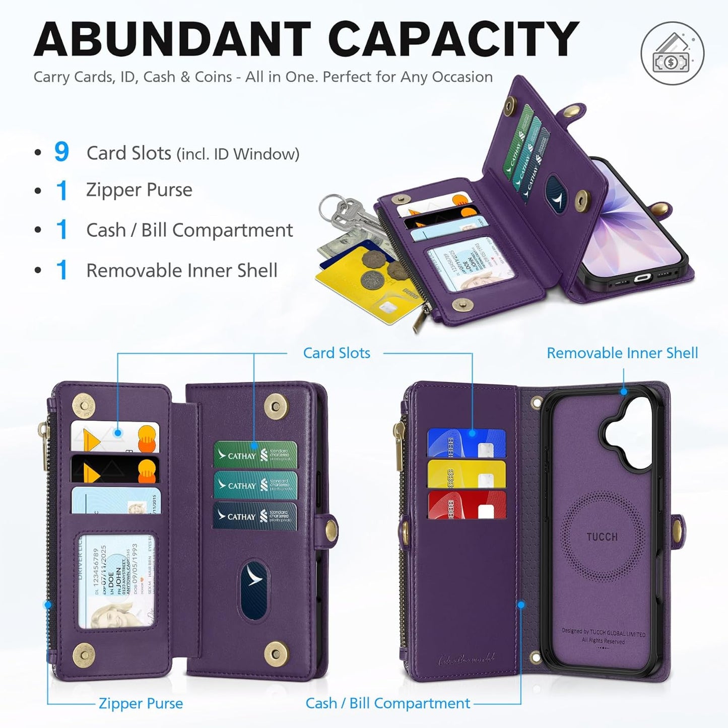 TUCCH Removable Crossbody Wallet Case for iPhone 17 (6.3"), 9 Card Holders RFID Blocking, Lanyard, Wrist Strap, Wireless Charging, Stand, Zipper Pocket, PU Leather, Magnetic Flip Cover, Deep Purple