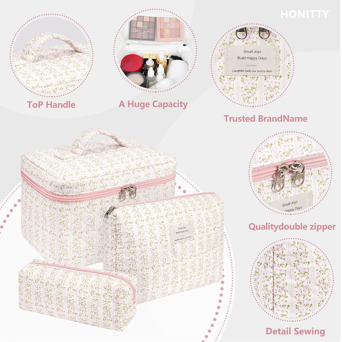 Makeup Bag,Quilted Cosmetic Bags,Large Floral Make Up Organize bag,Makeup Bag Set for Women,Flower Travel Toiletry Bag