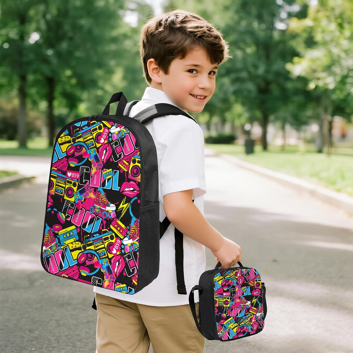 Hip Hop Kid Graffiti Backpack Set with Lunch Bag & Pencil Case Large Capacity School Bag 17 Inch Bookbag for Boy Girl