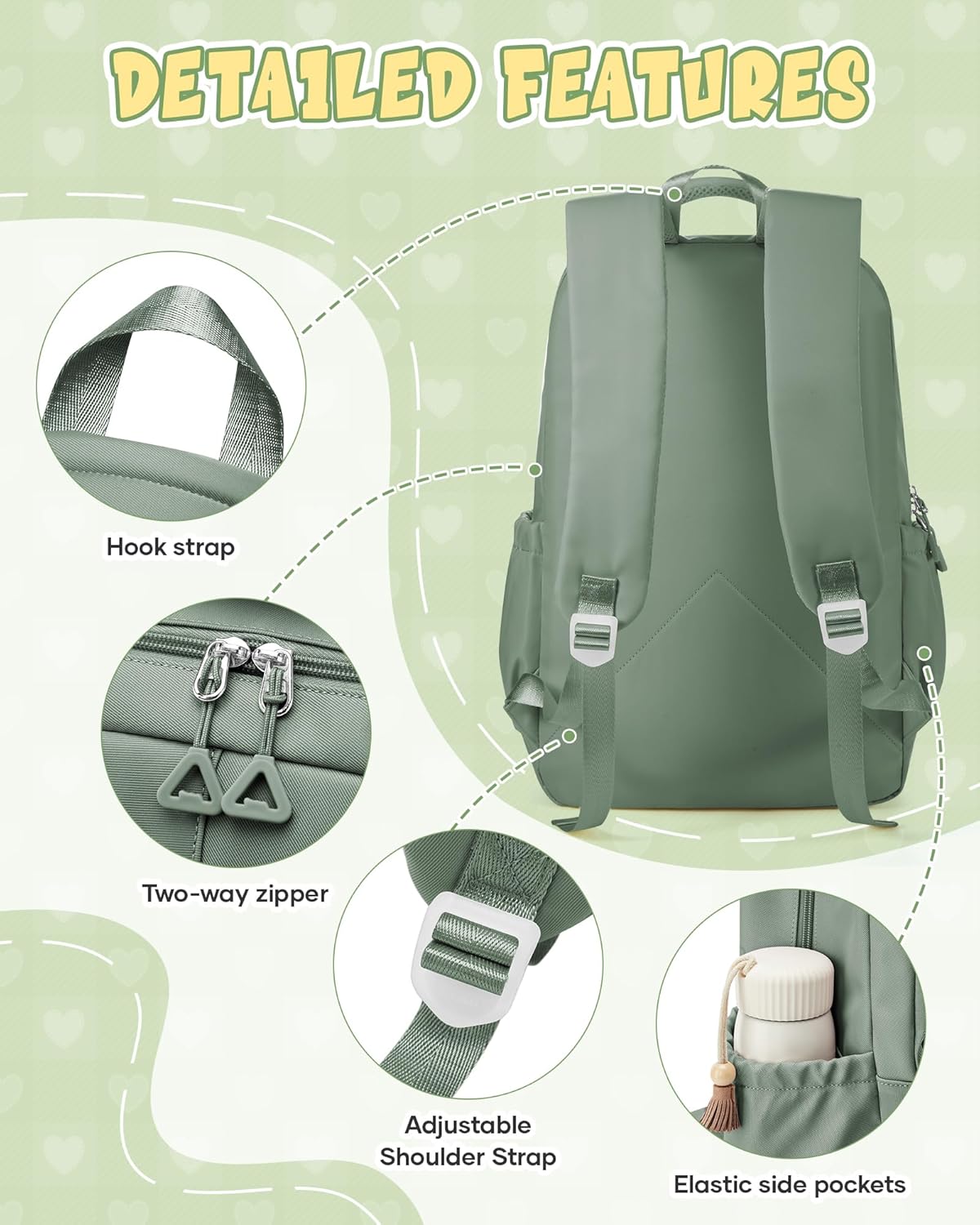 School Backpack for Women Men Cute Backpack for College Students Lightweight High School bag for Teens Girls Boys Waterproof Casual Daypacks Bookbag(Green)