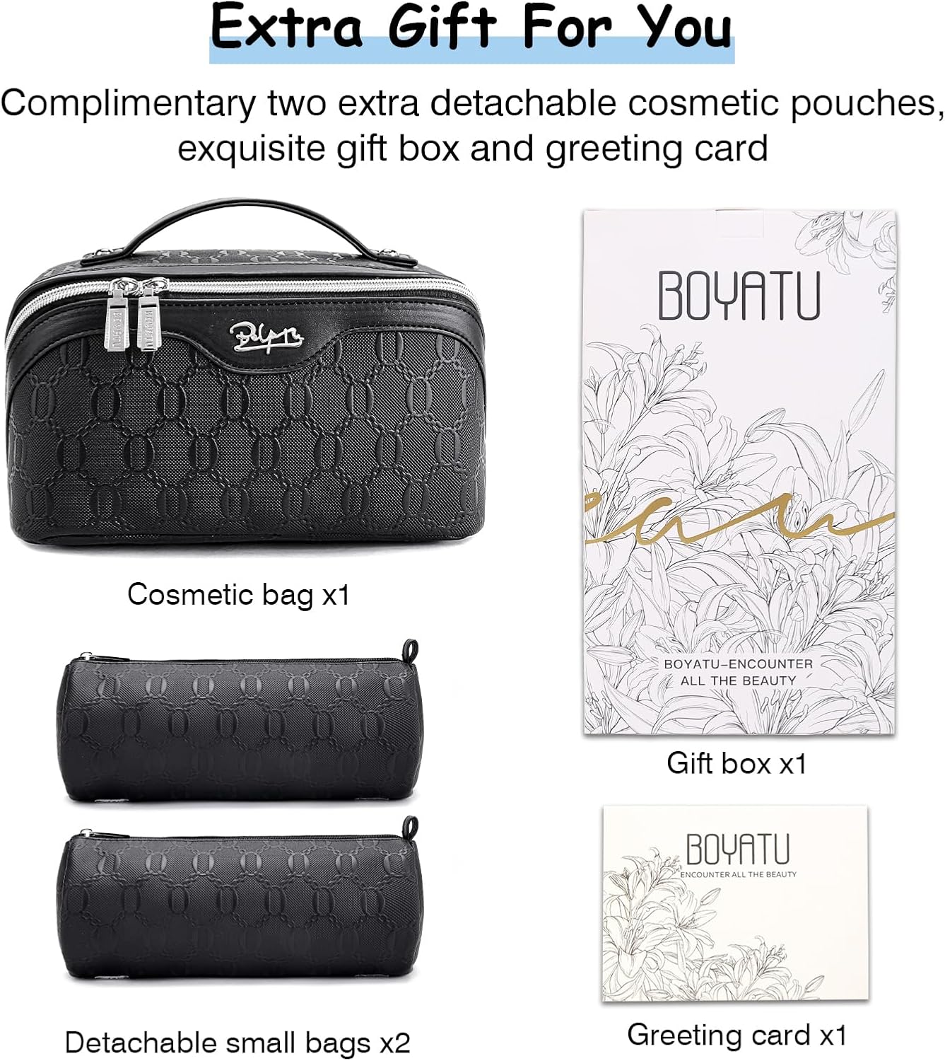 BOYATU Travel Makeup Bag for Women: Cosmetic Organizer Bag with Compartments - Leather Make up Bags Set of 3 (G-4-Black)