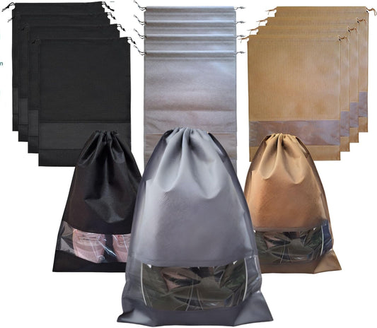 12 PCs Shoe Bags for Travel, Packing, Storage, Organizing & Suitcase. Reusable Dustproof & Water Resistant Sneakers Pouch Protectors with Clear Window & Drawstring. Laundry & Toys (Sand, Gray & Black)