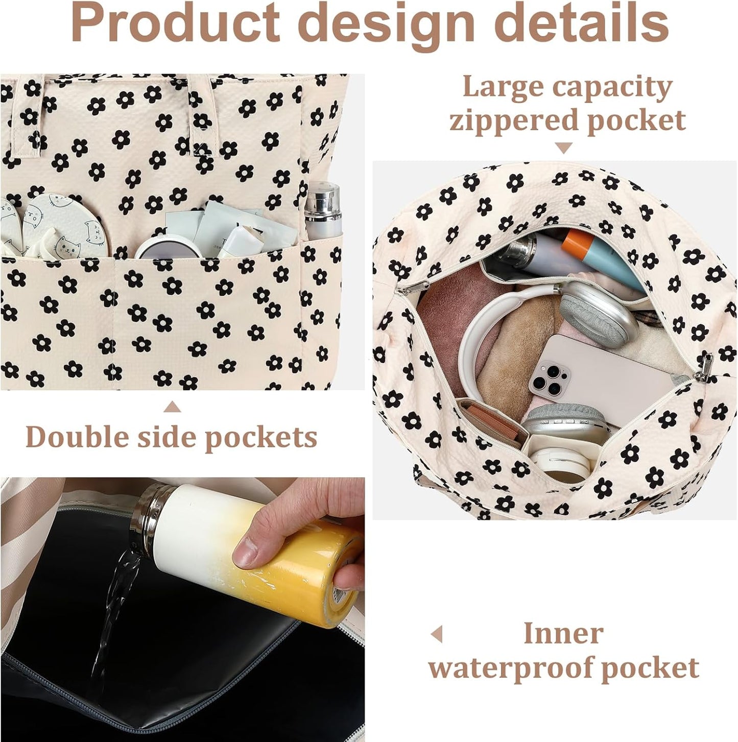 LEDAOU Beach Bag Waterproof Sandproof Women Tote Bag Pool Bag with Zipper for Gym Grocery Travel with Wet Pocket