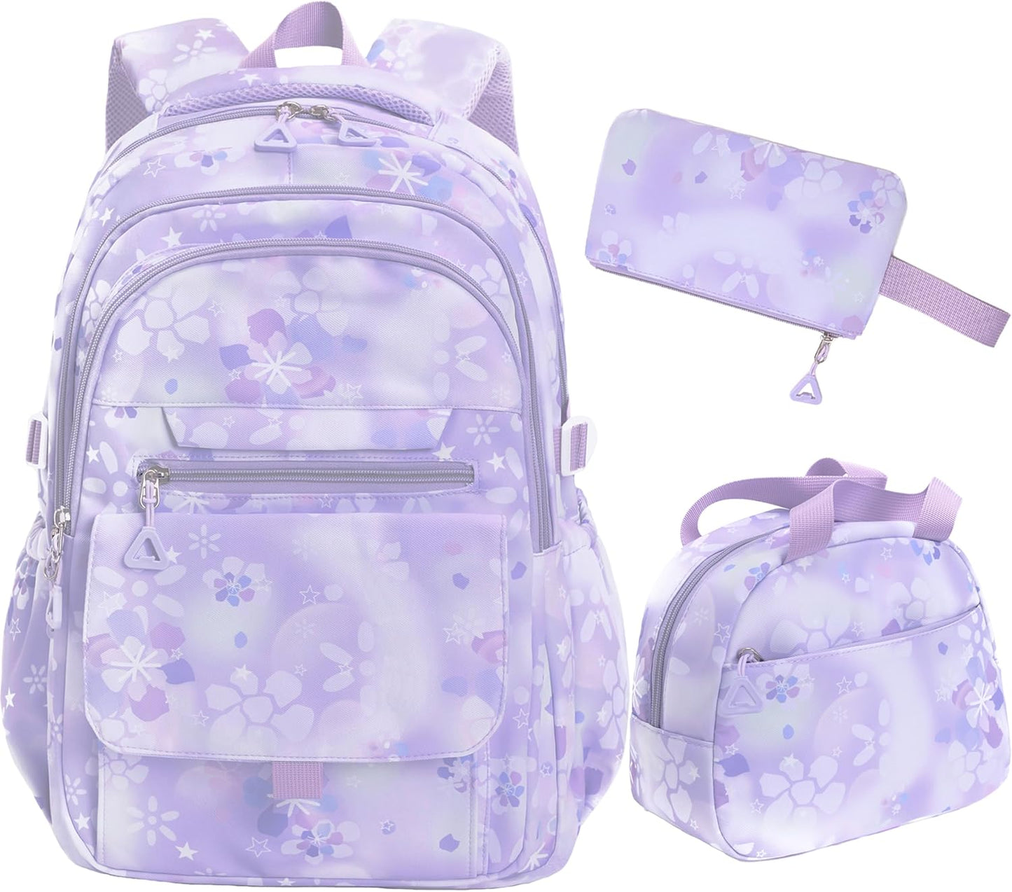 Kids Backpack for Girls Flower schoolbag with Lunch Bag & Pen Case Waterproof Girl Bookbag for Elementary school(purple)