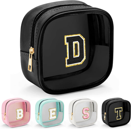 YOOLIFE Initial Makeup Bag Travel Toiletry Bag, Clear Makeup Bag Car Accessories For Women Clear Makeup Bags With Zipper Girlfriend Teacher 7 Year Old Girl Gifts Daughter Gifts Girl Gifts Mini Black D